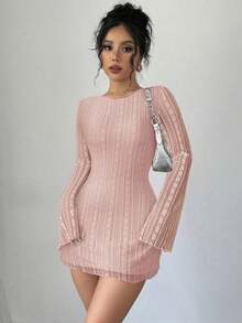 mini ajustado de encaje de estilo elegante, romántico y sexy para mujer, adecuado para fiestas, vacaciones, vuelta al colegio, citas románticas, bodas y cumpleaños - Manga larga - Rosa vieja - Ver 5