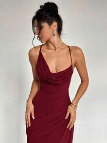 Vestido de estilo elegante y romántico para mujer, adecuado para fiesta, vacaciones, vuelta al colegio, cita romántica y boda, vestido de fiesta con escote en pico, cuello halter, espalda descubierta, efecto fruncido y lazo - Burdeos - Ver 5