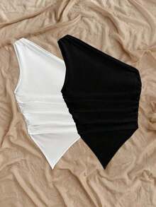 2 piezas de blusas de verano para mujer con dobladillo asimétrico y tirantes, color negro y rojo, adecuado para el verano - Multicolor 4 - Ver 2