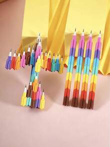 Fun Rainbow-Colored Interlocking Pencil Set, 4 Boxes Containing Pencils Without Points That Can Be Stacked, 15.5 Cm Multi-Colored Pencils, Back-To-School Stationery Gift, Suitable For Children. - A - View 1