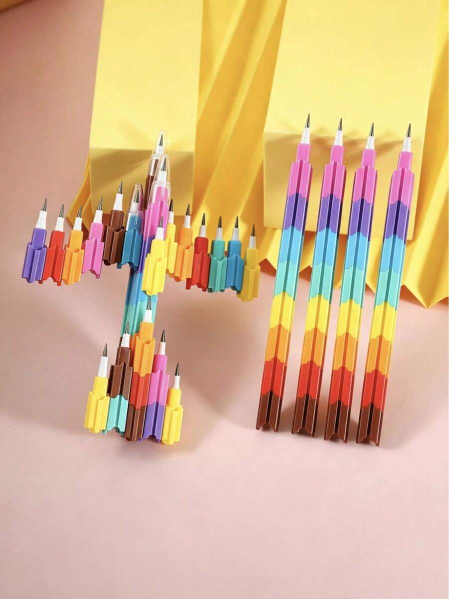 Fun Rainbow-Colored Interlocking Pencil Set, 4 Boxes Containing Pencils Without Points That Can Be Stacked, 15.5 Cm Multi-Colored Pencils, Back-To-School Stationery Gift, Suitable For Children. - A - View 1