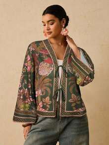 Camisa casual versátil de uso diario con estampado floral y nudo delantero para mujer de talla grande - Verde Oscuro - Ver 3