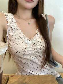 Blusa elegante sin mangas con lazo y lunares, estilo coreano para mujer - Beis - Ver 1