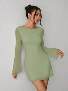 Vestido de malla con mangas de trompeta y espalda descubierta, nuevo y sexy para principios de otoño - verde menta - Ver 4