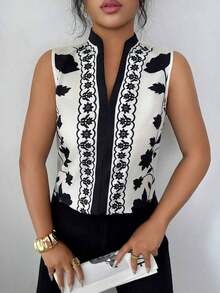 Blusa con cuello en V, estampada y sin mangas con cierre a media altura - Multicolor 5 - Ver 3