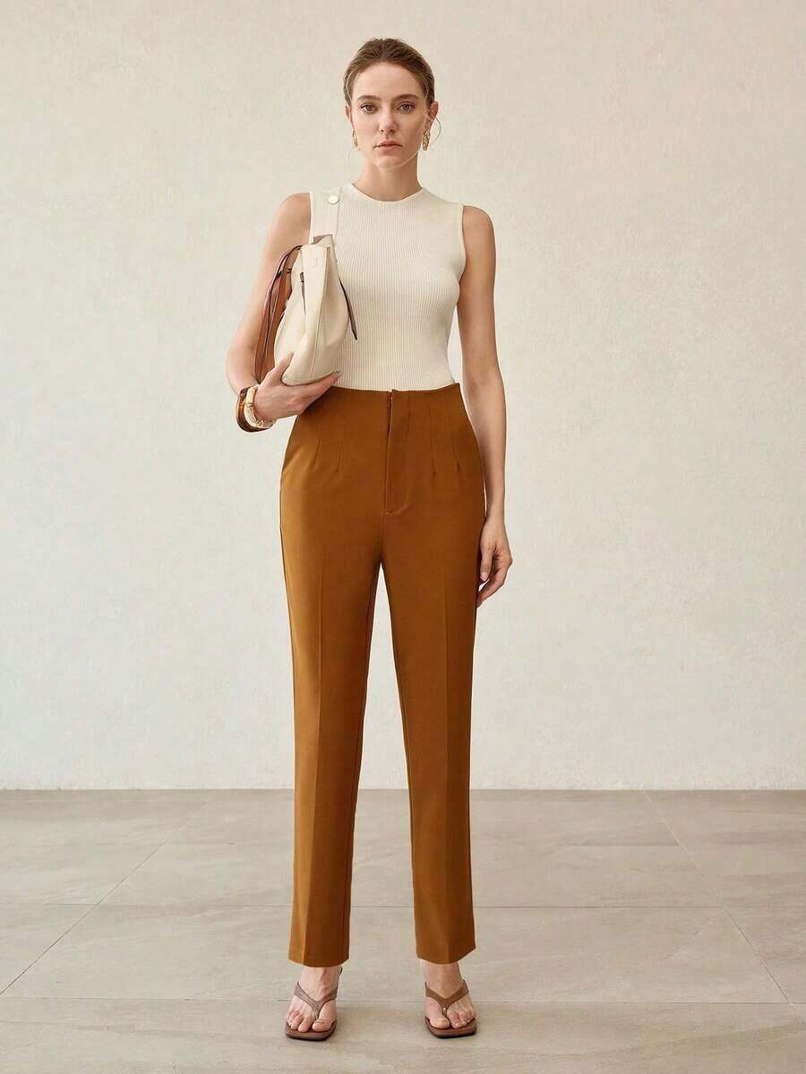 PREMIUM PANTALONES DE TRAJE AJUSTADOS CON COSTURA DELANTERA PARA MUJER - Marrón Mocha - Ver 1