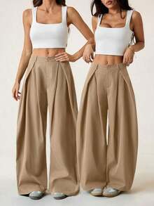 Pantalones anchos de verano con dobladillo curvo verde, estilo vintage, casual y para salir - Caqui - Ver 5