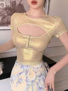 Camiseta de manga corta para mujer con abertura en la parte delantera, top sexy para salir, tops de verano, top corto para mujer - Champán - Ver 7
