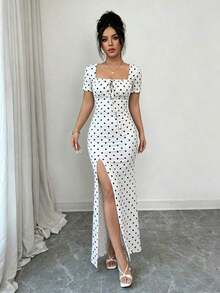 Vestido de verano de manga corta para mujer, vestido de vacaciones con estampado digital, vestido de playa y vacaciones con bajo con abertura, vestido largo con fruncido en la cintura - Blanco y Negro - Ver 6