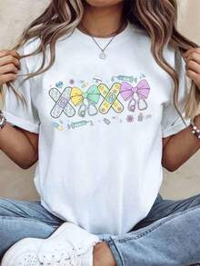 Women's Cotton T-Shirts With A Cute Medical-Themed Design, Featuring Colorful Bandages, A Stethoscope, And A Bow Tie, Perfect For Nurses, Doctors, And Healthcare Workers. A Great Gift For National Nurses Day Or Any Medical Professional. Women's Basic Tops. - 白色 - 查看 1