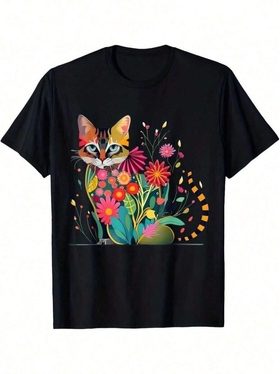 1 Piece Subt Floral Print T-Shirt, Zorro Glove, Daisy And Tulip 8647, For All Seasons, Cotton, Single-Sided Print, Round Neck, Short Sleeve, 180g, 100% Cotton, Designs Are Fully Printed. Unisex. - 黑色 36 - 查看 1