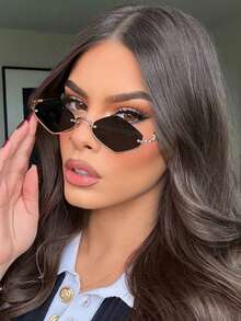 1pc Women's Fashion Metal Half-Frame Square Glasses, Stylish Eyewear Suitable For Daily Outings, Driving, Travel, Runway, Parties And Other Occasions - Diamond-shaped Golden Gray Flakes - View 4