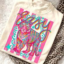 Camiseta con Estampado de Tigre Estilo Preppy, Camiseta Casual de Cuello Redondo, Ropa de Verano para Mujer, Ropa Y2k, Streetwear, 100% Algodón - Albaricoque - Ver 2