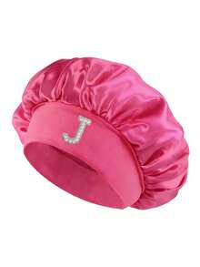 1 pieza Gorro de dormir de satén, Gorro de cuidado del cabello bordado con 26 letras A-Z, Elástico ancho 360° antideslizante, Gorro de dormir/máscara/ducha de cobertura completa, Adecuado para el control del frizz del cabello rizado natural - Rosa Fucsia - Ver 22