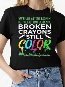 Women's Printed T-Shirt - Casual Short Sleeve Crew Neck T-Shirt In Black With Colorful Motivational Quote Design. Relaxed Fit For All Seasons, Perfect For Everyday Wear And Holiday Outfits, Machine Washable. - 黑色 - 查看 1