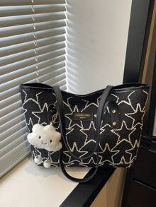 1 buah Tas Tote Bahu Wanita Modis Berbahan Serat Poliester dengan Dekorasi Awan, Kapasitas Besar, dan Resleting, Motif Bintang, Cocok untuk Penggunaan Sehari-hari di Musim Semi/Panas - Hitam dan Putih - View 1