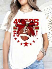 Camiseta Casual para Mujer, Blanca con Estampado del Equipo de Fútbol Americano 49ers, Lazo Rojo y Estrellas, para el Día del Partido y Uso Diario, 220g, 100% Algodón, Resistente - Blanco - Ver 2