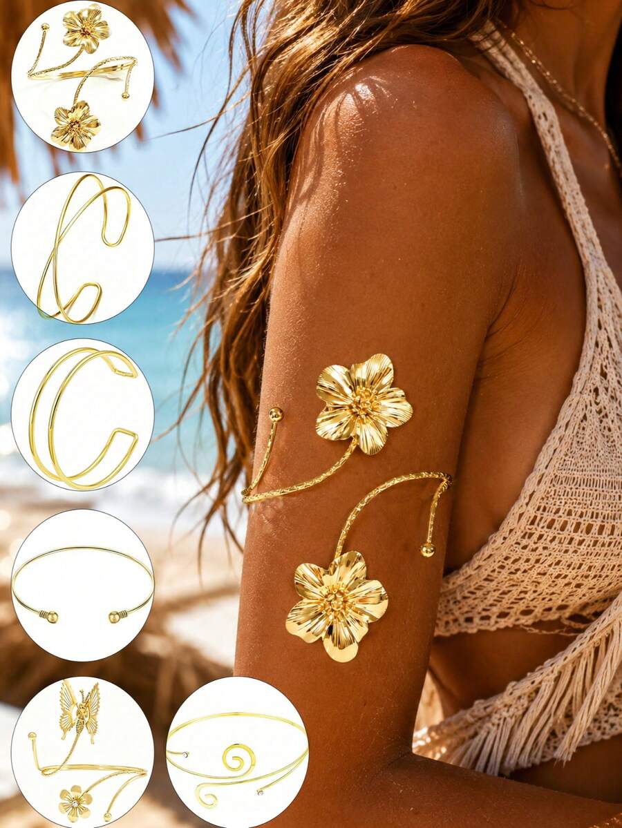 6pcs Gold Arm Cuffs, Adjustable, Suitable For Women Graduation Ceremony, Summer Beach Party, Daily Wear - A0008T-9 - View 1