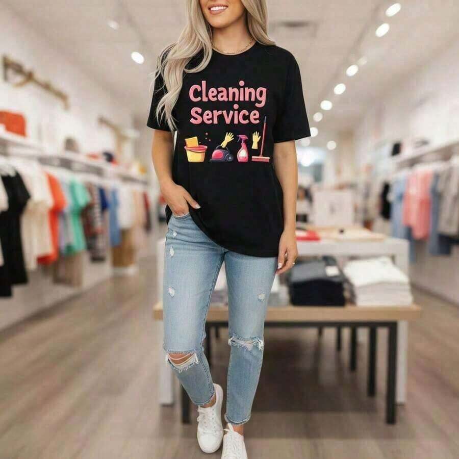 1 pieza de camiseta de algodón con estampado de servicio de limpieza para mujer, manga corta, cuello redondo, estilo casual, color negro, camiseta con gráfico divertido de herramientas de limpieza, cómoda para uso diario, corte holgado, regalo para limpiadores, personal de limpieza, ropa para el día de lavandería, fácil cuidado, tela de algodón transpirable, 180g Algodón 100%. - Negro - Ver 1