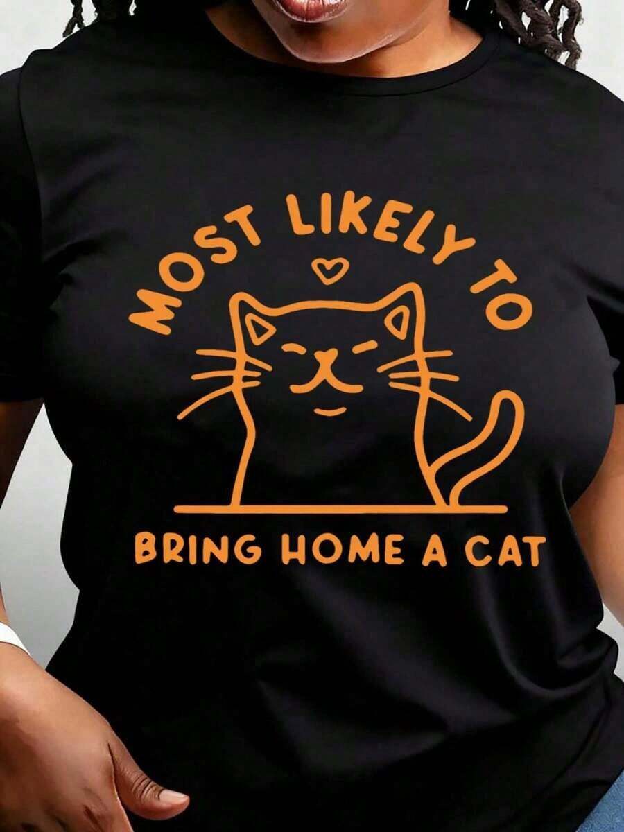 ropa de mujer Camiseta con estampado de gato y letras, top casual de manga corta con cuello redondo para primavera y verano, ropa de mujer camisas de mujer - Negro - Ver 1