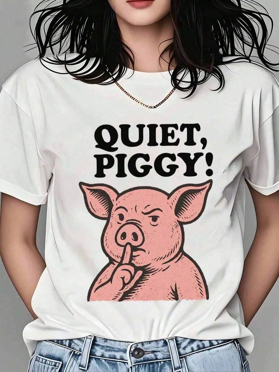 Camiseta Quiet Piggy con diseño gráfico de cerdo divertido, top casual para mujeres y hombres, camiseta unisex con diseño de animal porcino, perfecta para uso diario y como regalo humorístic - Blanco - Ver 1