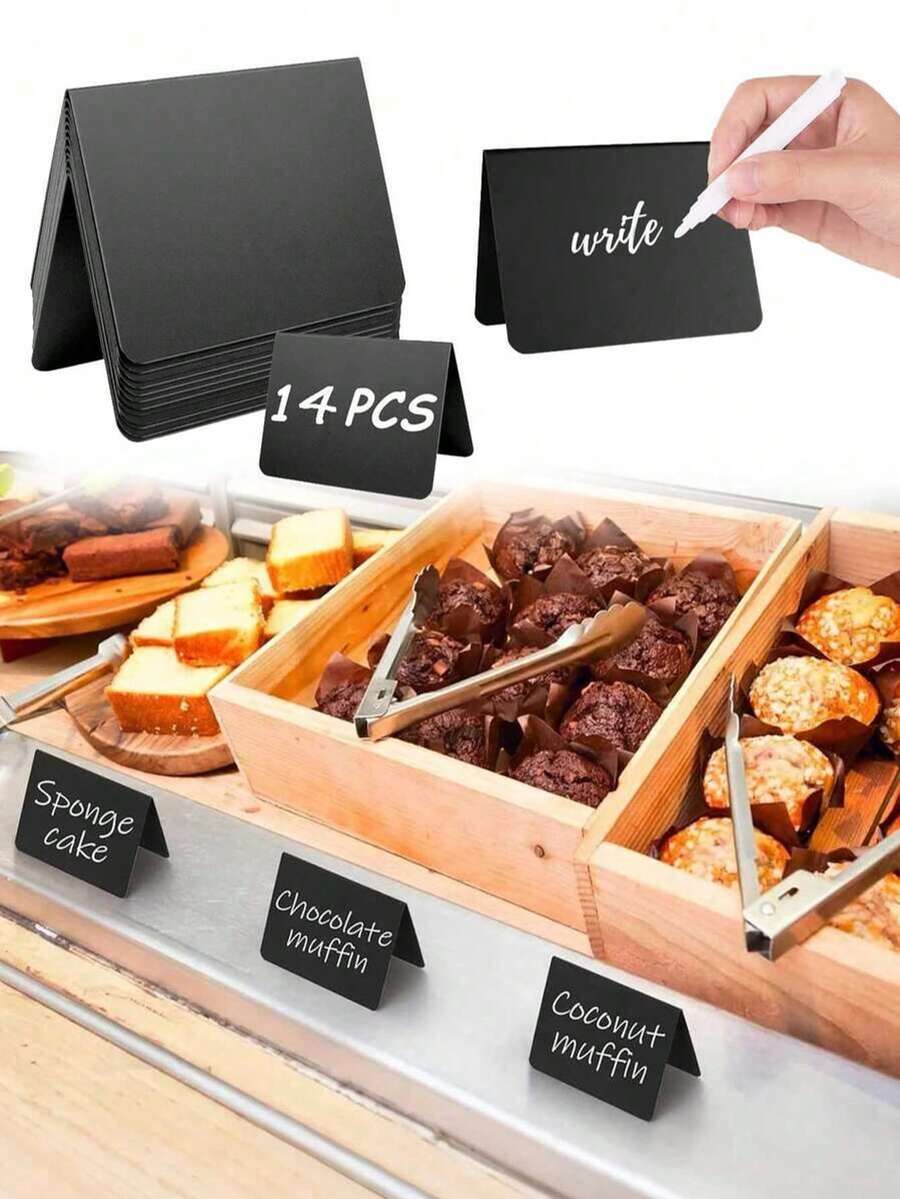 14 tấm bảng phấn nhỏ, kích thước khoảng 10cm x 90cm, dễ viết và xóa - Dùng làm nhãn thực phẩm, tiệc buffet, tiệc tùng, bảng chỉ dẫn bàn, đám cưới, tiệm bánh, bảng chỉ dẫn đám cưới, bảng đặt chỗ đám cưới, thẻ bàn. - bảng đen hình chữ V - Xem 1