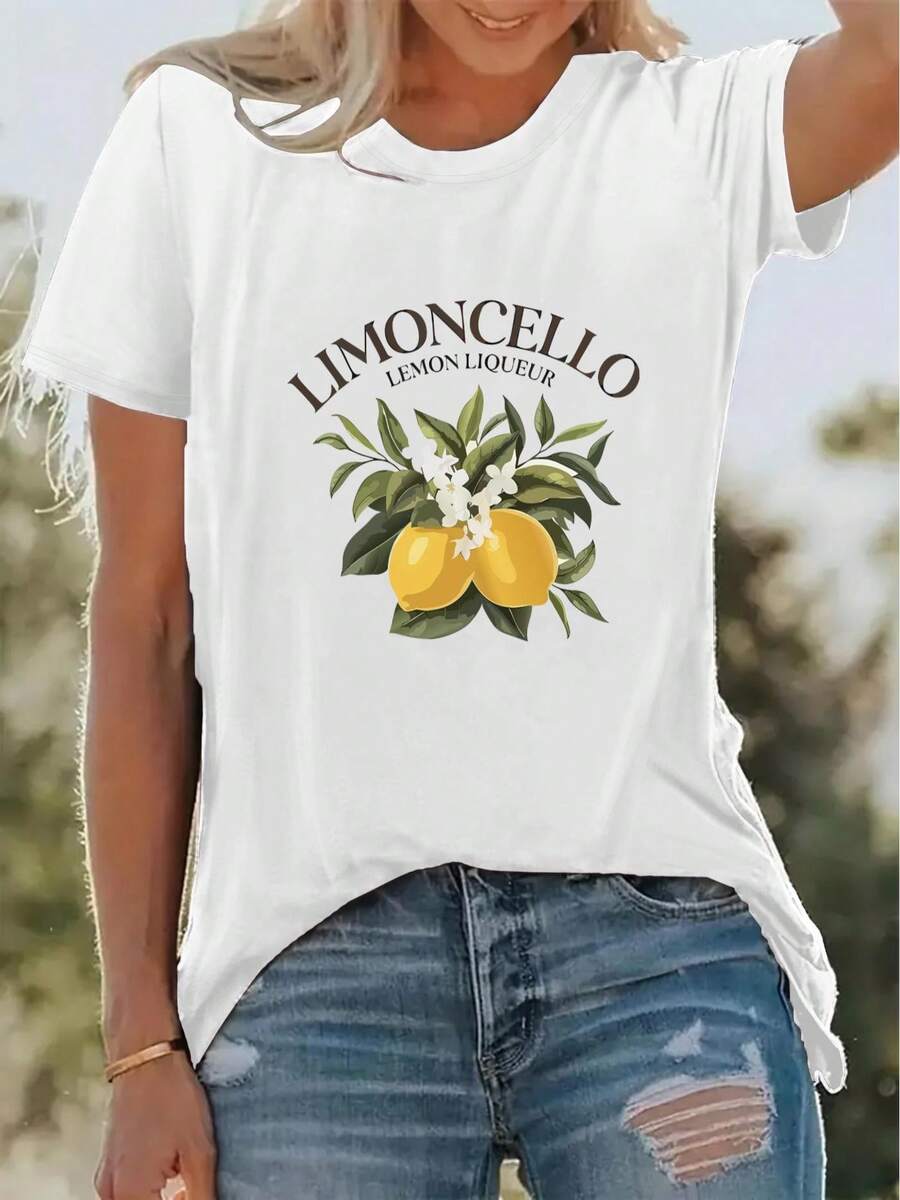 Suave camiseta nueva de verano con estampado de limones, estilo básico casual de cuello redondo, camiseta de manga corta para vacaciones de primavera/verano, mezcla elástica, ropa deportiva para mujer, ropa nueva para mujer, lavable a máquina, blusas elegantes para mujer. - Blanco - Ver 1