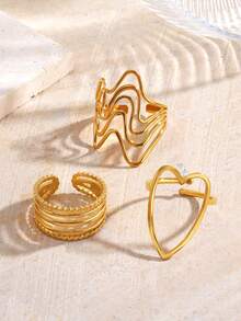 3pcs Set Stainless Steel 18K Gold Plated Minimalist Geometric Line Design Rings, Suitable For Women's Daily, Party, Holiday Gift - Gold - View 4