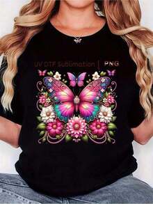 1 Piece Of Women's T-Shirt With Butterfly And Flower Print In Black - Lightweight 180 G/M² Blouse With Round Neck, Short Sleeve, Ideal For Spring, Summer And Autumn, Machine Washable, Perfect As A Gift For Valentine's Day, Easter Or Mother's Day. - 黑色 - 查看 5