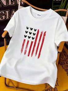 Officially Licensed Disney Mickey Mouse American Flag Graphic T‑Shirts For Men 100% Cotton Short Sleeve Crew Neck USA Patriotic Star Stripes Print Oversized Streetwear Tee Retro 4th Of July Independence Day Summer Casual Holiday Outfit - White - View 4