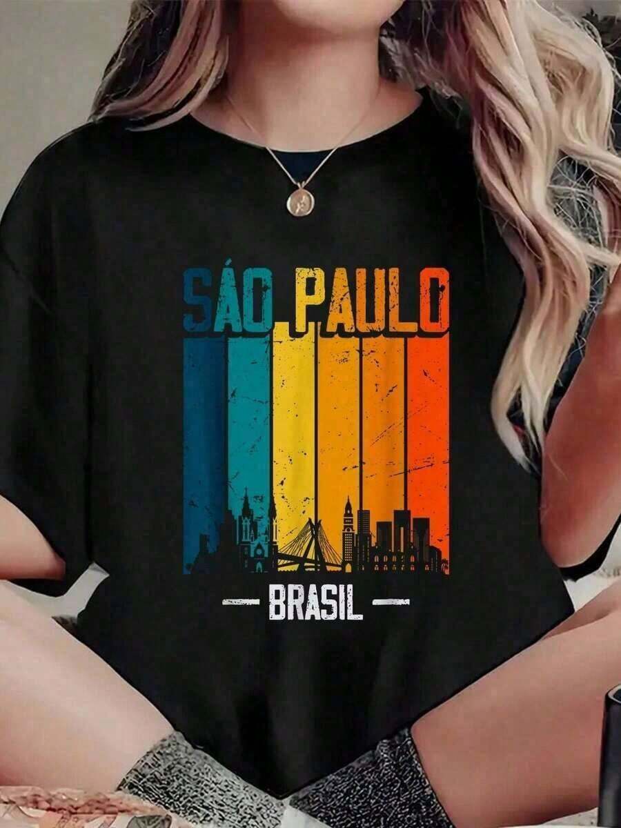 1 Piece Retro Vintage T-Shirt From Sao Paulo, Brazil, With Design Of The Sun And The Sao Paulo Skyline, Round Neck, Short Sleeve, Casual Style, For Summer, 180g 100% Cotton. - 黑色 - 查看 1