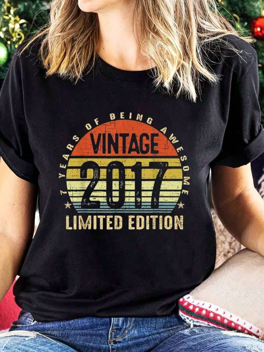 1 Piece Of Limited Edition Summer 2017 Vintage Top, Casual Short Sleeve Round Neck Top For Summer And Spring, Women's Clothing, 180g 100% Cotton. - 黑色 - 查看 1