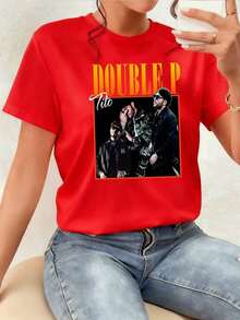 Artistic Image Showcasing The Energy Of A Musical Group With Bright Typography In Orange Tones And A Dark Background, Symbolizing Power, Unity, And Passion For Music. Women's 100% Cotton T-Shirt, Comfortable With A Modern Cut, Ideal For Everyday Wear And Expressing Urban Style. Comfortable Clothing. - 紅色 - 查看 7