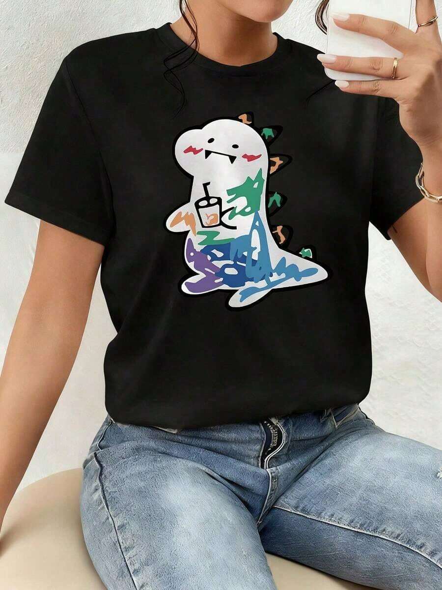 White Dinosaur Figure With Vibrant Color Details That Convey Energy, Joy And A Sense Of Freedom While Holding A Modern Drink, Inspiring Urban Fun. Women's 100% Cotton T-Shirt, Comfortable And Modern For Everyday Wear. Comfortable Clothing. - 黑色 - 查看 1