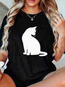 Plus Size Women's Winter Garment - Loose Fit, Casual Cat Silhouette Design, Ideal For Cat Lovers, Round Neck, Short Sleeves,  Casual Top, Fun Design, Stylish Party Wear, Holiday Gift, Everyday Wear, Loungewear. Printed, Simple, Versatile, Loose Fit, Fitted Top With Round Neck. - 黑色 - 查看 1
