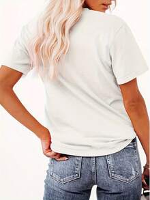 Essential 1-Piece Casual T-Shirt With Petal And Stripe Print, Y2K Style, Short Sleeve, Women's Sportswear, Summer, Elegant, Comfortable, Breathable, Round Neck, Short Sleeve, Versatile For Daily Use, Soft Cotton T-Shirt For Everyday Wear. - 白色 - 查看 3