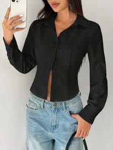 Camisa básica de manga larga informal con cintura recogida - Negro - Ver 5