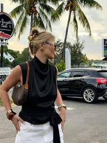 ZAHM Elegantes Jacquard-Satin-Top ohne Ärmel mit Bindegürtel, Sommerurlaub Schwarz - Schwarz - Übersicht 6