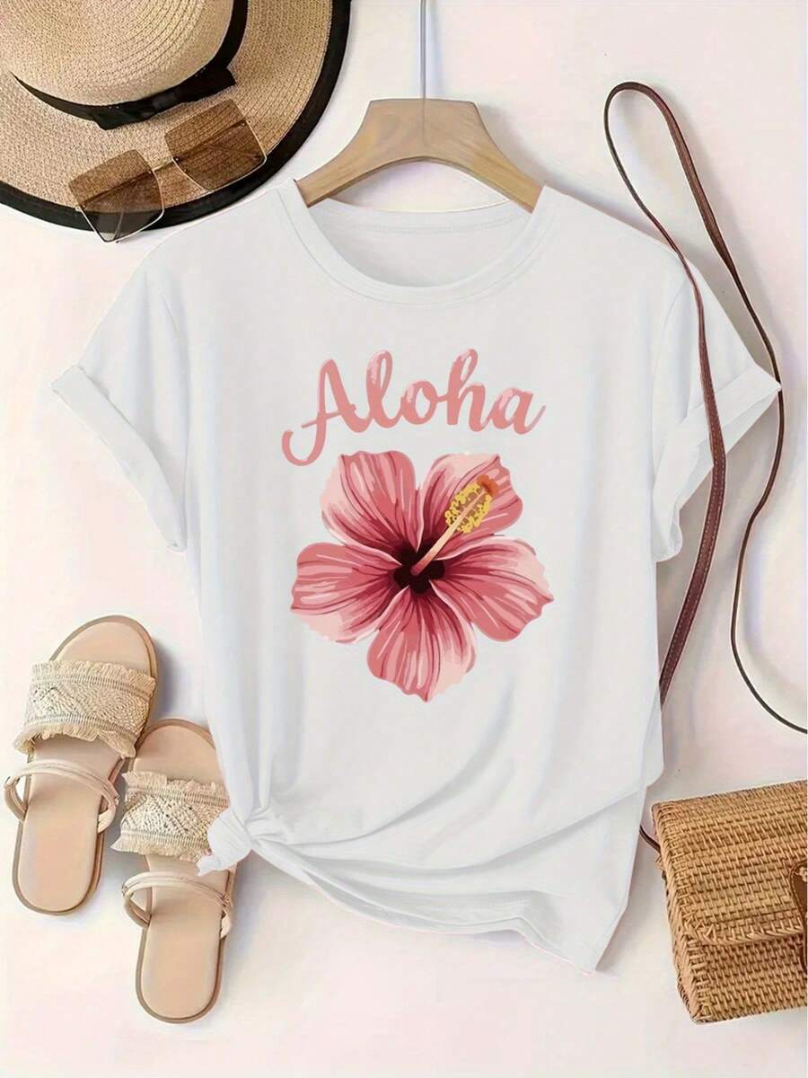 Limited Time Offer, Limited Quantities, Flash ! Women's Casual Shirts, Women's Polyester T-Shirts, Elegant Shirts. Short-Sleeve T-Shirt With Round Neck And Western Floral Print, Women's Sweater - 白色 - 查看 1