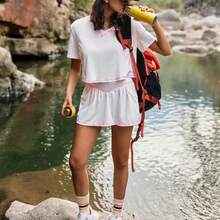 WanderVale RUN HIKE Women V-Neck Short Sleeve Top And Contrasting Trim Mini Skirt 2 Pieces Set Two Pieces Set Women Short Sleeve White Short Set Women Two Pieces Set Women Summer Comfortable Two Pieces Set Women's Short Sets Women's Summer Two Pieces Romper White Crop Top V Neck With Short Sleeve And Shorts With Pink Stitching,Casual,Spring Outfit, Summer Outfit For Women,Going Out Outfits - Blanco - Ver 6
