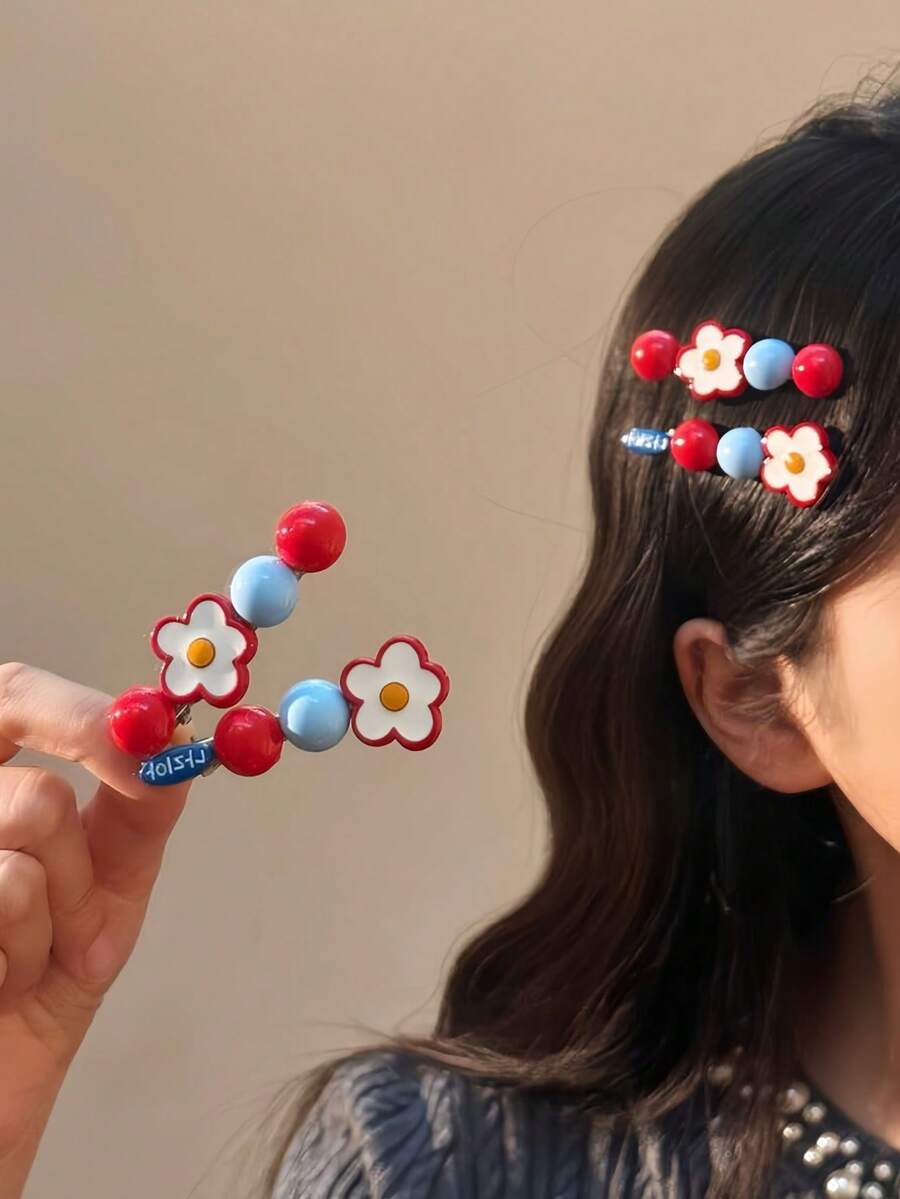 4件組女款甜美可愛花朵髮夾,高端優雅配色花朵側夾,珍珠瀏海夾,髮飾 - 彩色 - 查看 1