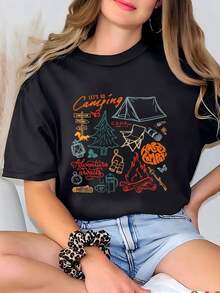 Women's "Let's Go Camping" T-Shirt, Adventure Awaits, Camping T-Shirt, Summer Campfire Hoodie, Outdoor Hiking And Camping T-Shirt, Cute Camp Graphic T-Shirt - 黑色 - 查看 7