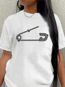 Polyester Short Sleeve T-Shirt With Rhinestone Pin Design, Lightweight And Durable For Casual Wear In Restaurants Or Lounges, Modern And Comfortable For Everyday Wear - White - View 1