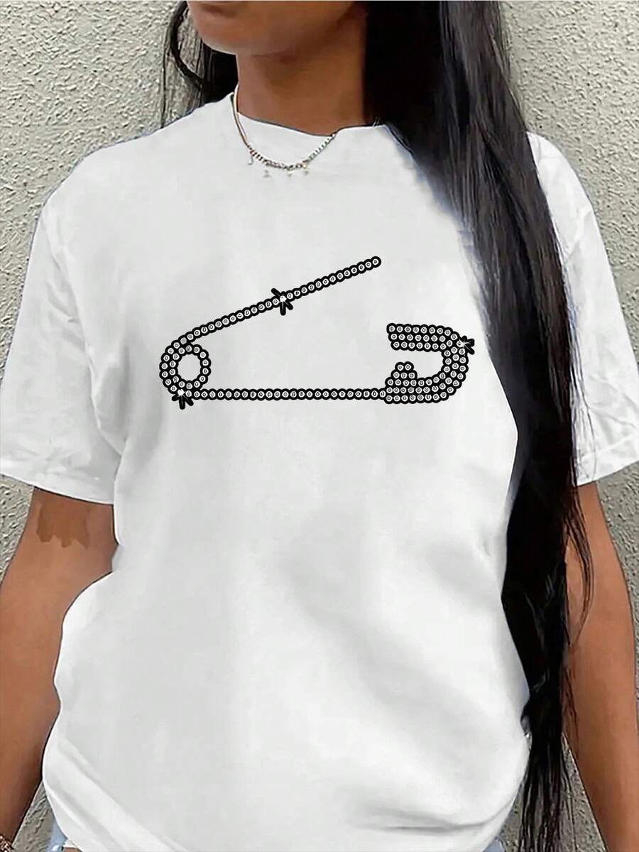 Polyester Short Sleeve T-Shirt With Rhinestone Pin Design, Lightweight And Durable For Casual Wear In Restaurants Or Lounges, Modern And Comfortable For Everyday Wear - White - View 1