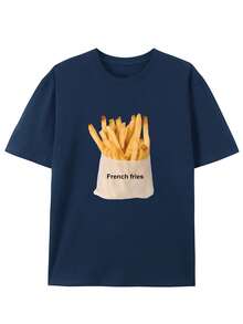 Men's Cotton T-Shirt With Vintage Style And Creative French Fries Print - Casual Round Neck, Short Sleeve For Summer - 海軍藍 - 查看 7