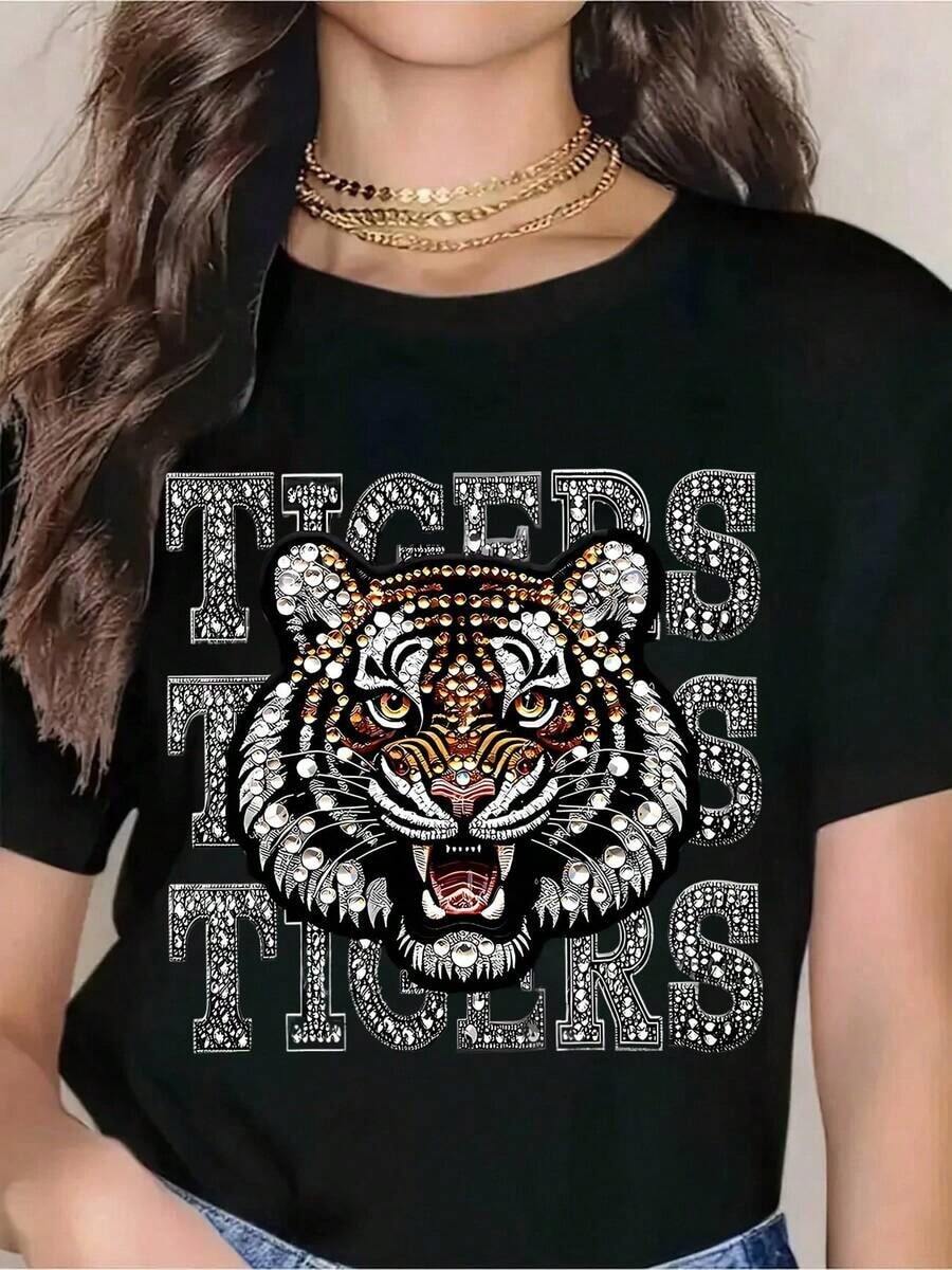 Women's PremiumTigers Tiger Head Graphic T-Shirt - Bold Animal Print Design With Rhinestone Details, Perfect For Sports Fans, Team Spirit, Casual Wear, And Sporting Events. Great Gift Idea. - 黑色 - 查看 1
