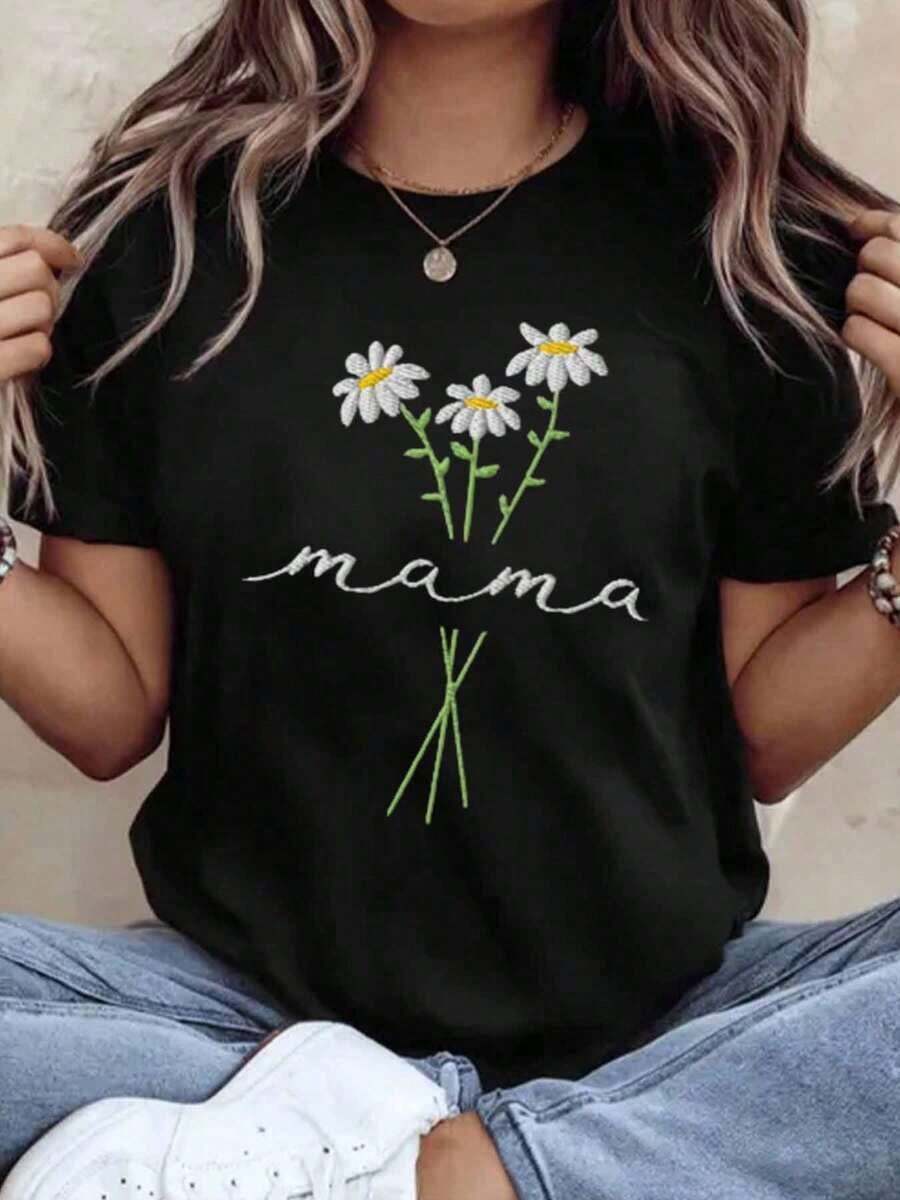Camiseta Bordada con Diseño de Flores para Mujer, Regalo para el Día de la Madre, Talla Grande, con Diseño de Margaritas, 220g - Estilo Vintage Urbano, Unisex, Holgada, de Algodón, Manga Corta, Cuello Redondo, 100% Algodón - Negro - Ver 1