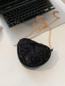 3D Lace Flower Heart Bag, Sweet Unique Multi-Purpose Chain Shoulder Crossbody Bag - Black - View 5