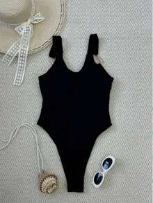 Elegant Black One-Piece Swimsuit With Thick Shoulder Straps For Women, Stylish And Casual, Perfect For Spring And Summer Beach Getaways And Parties - Black - View 3