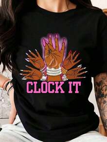 Limited Time Offer, Limited Quantity Available, Lightning Bolt, Women's Shirts, Women's T-Shirts. Women's Casual T-Shirt With Hands And Clock Design. Ideal For Everyday Wear And For The Summer Season. Perfect Gift For Friends And Family. - 黑色 - 查看 11